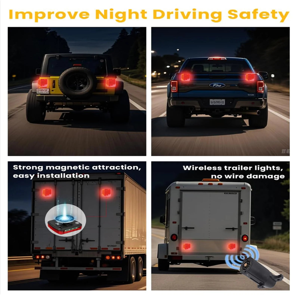 Wireless Trailer Lights Magnetic,Wireless Trailer Lights,2025 New Led Wireless Tail Lights for Trailer,Rechargeable Towing Light Kit with Powerful Suction Base for Trucks,Boat,RV,Vehicle