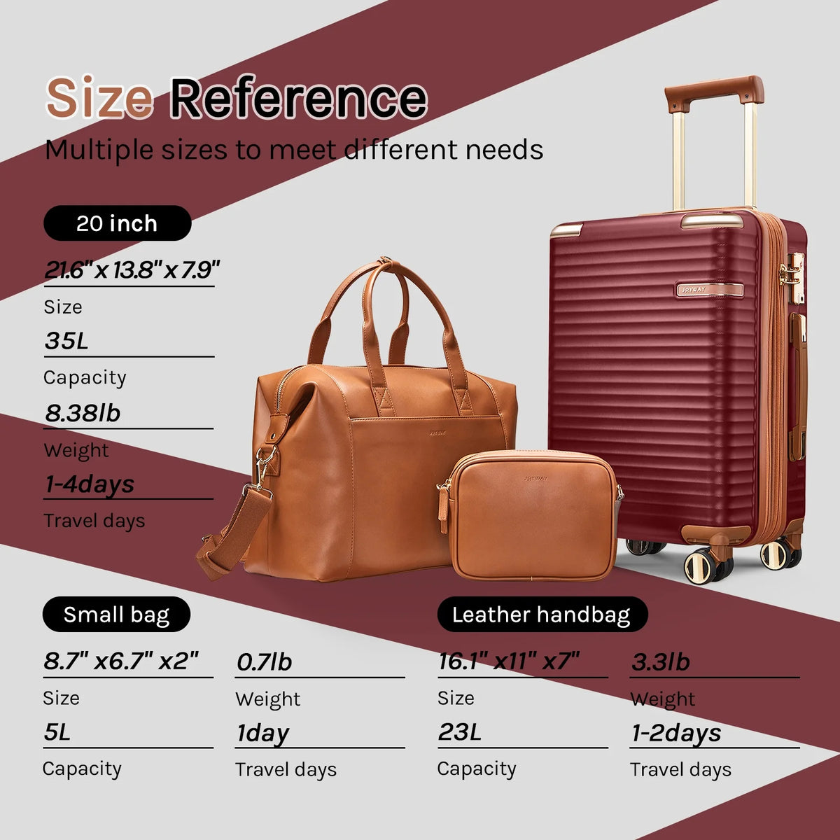 Joyway 3-Piece Carry-On Luggage Set with Swivel TSA Lock and Leather Carry Bag