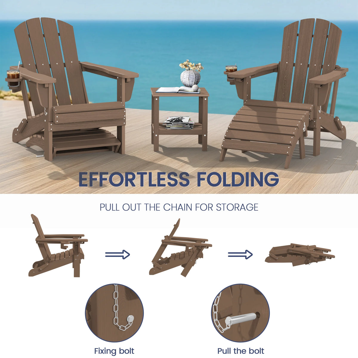 SERWALL Outdoor Adjustable Folding HDPE Adirondack Chairs Set of 2 with Cup Holder, Gray