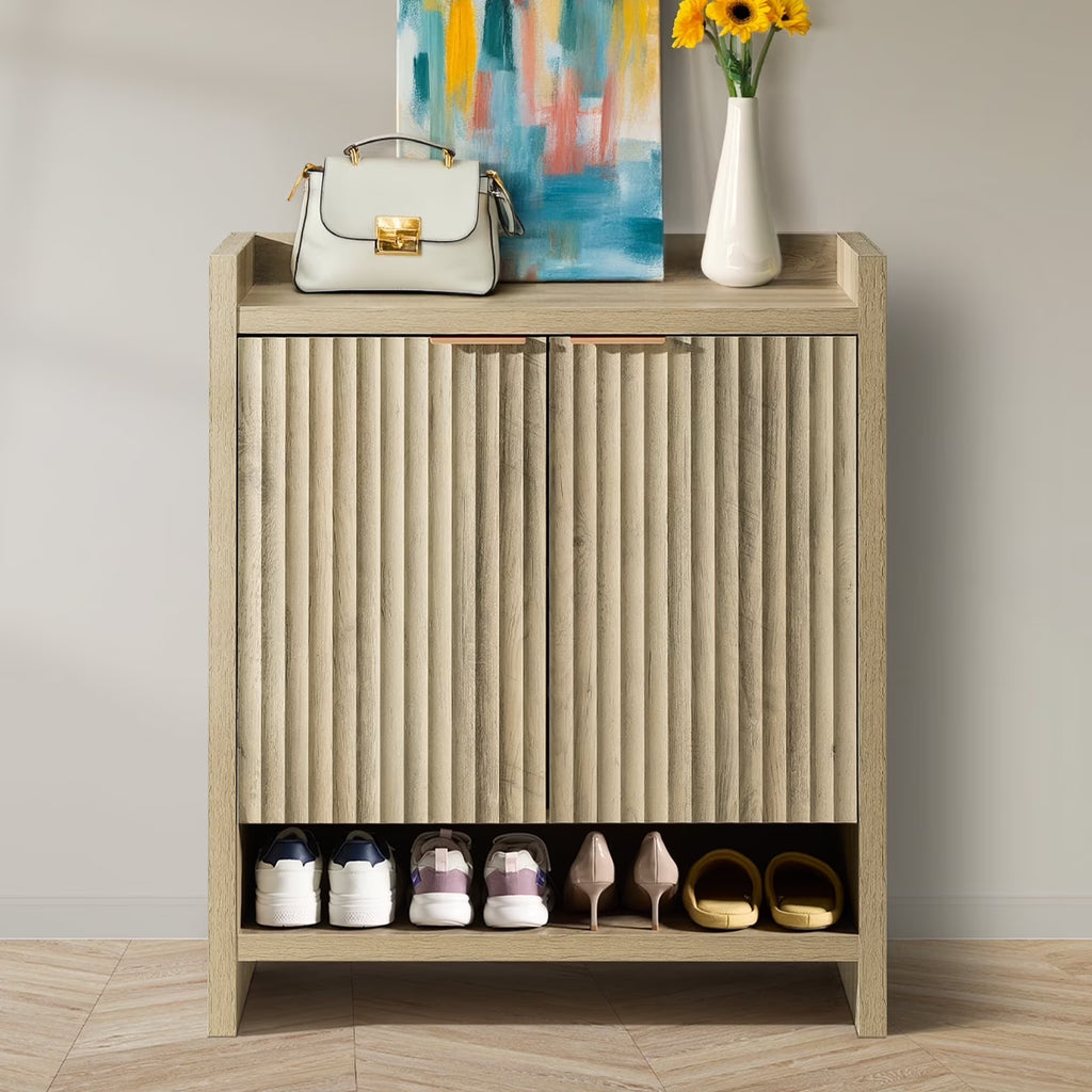 ARKANTOS Fluted Shoe Cabinet 3 Level Adjustable Shelf and 2 Doors Light Gray Oak