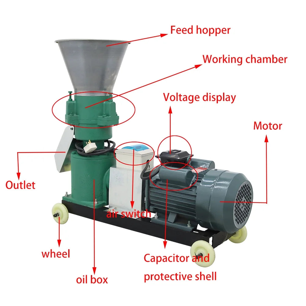 EQCOTWEA Animal Feed Pellet Mill Machine 8MM Pellet Fodder Press Pelletizer for Chicken 180-200KG/H 220V