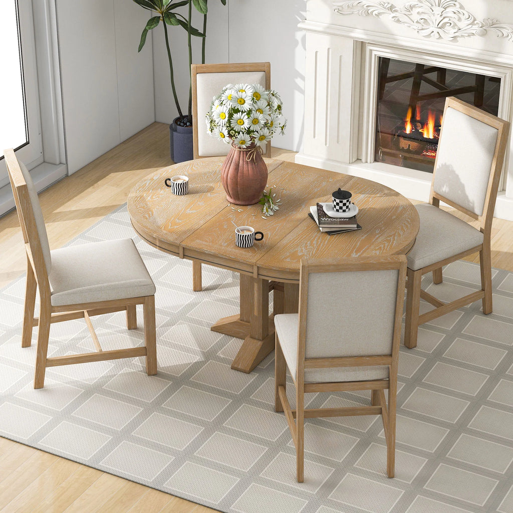 5 Piece Round Dining Table Set, Dining Room Set with Extendable Table and 4 Upholstered Chairs, Wood Dining Table Set for 4, Farmhouse Dining Table Set for Kitchen Dining Room Dorm Apartment, Brown