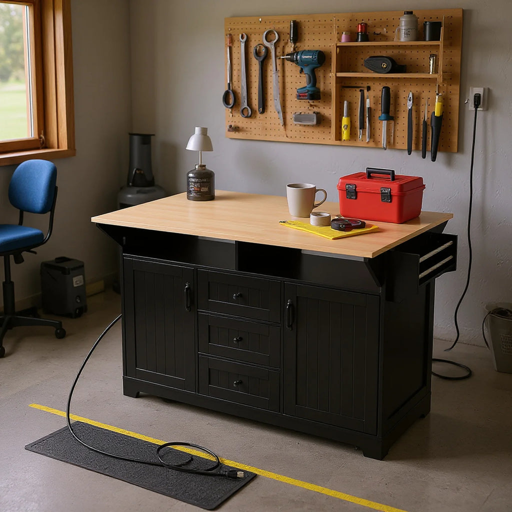Homy Casa Rolling Large Garage Storage Cabinet with Dual Drop Leaves, Power Outlets for Office Gym, School
