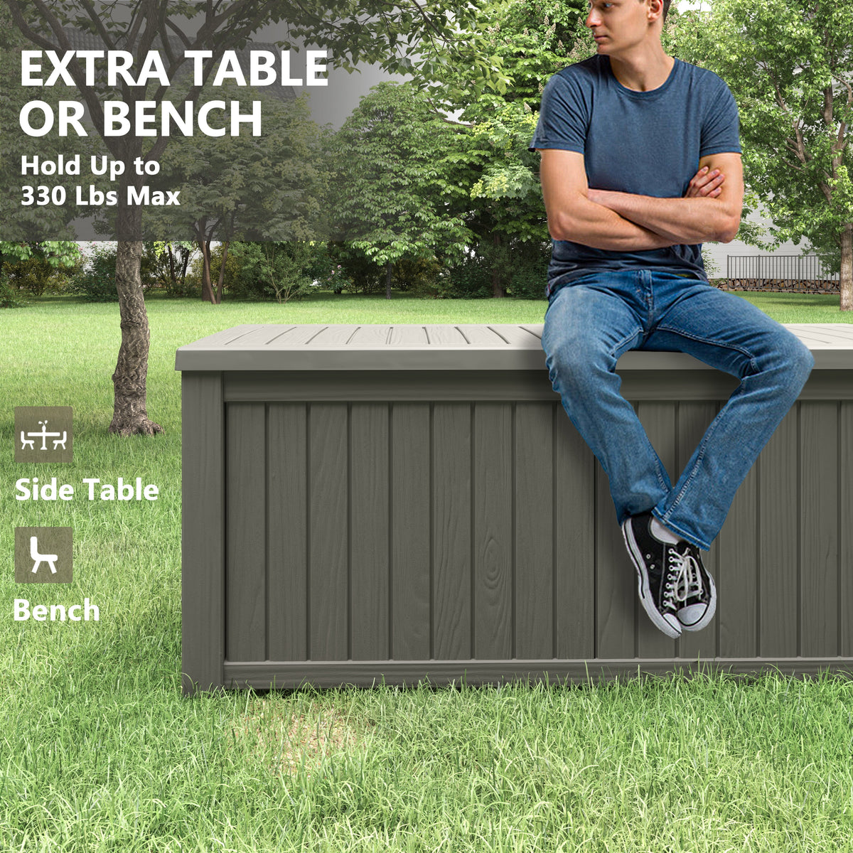 LHBcraft 150 Gallon Deck Box, Outdoor Storage Box, Large Waterproof Resin Indoor Storage Box with Built-in Steel Beams for Patio, Cushions, Pool Supplies