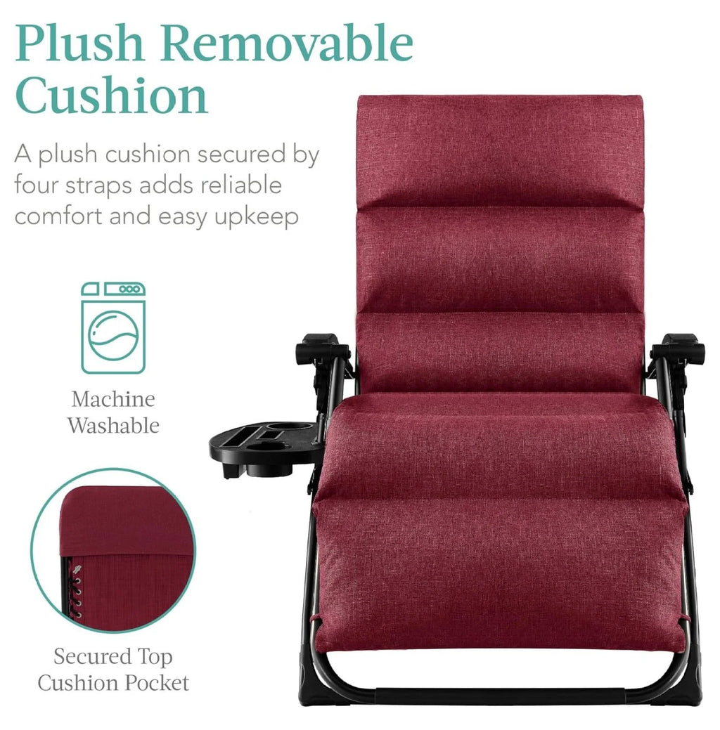 Oversized Chair, Folding Outdoor Patio Recliner, XL Anti Gravity Lounger w/Removable Cushion, Cup Holder, Side Tray, 350lb Capacity - Taupe