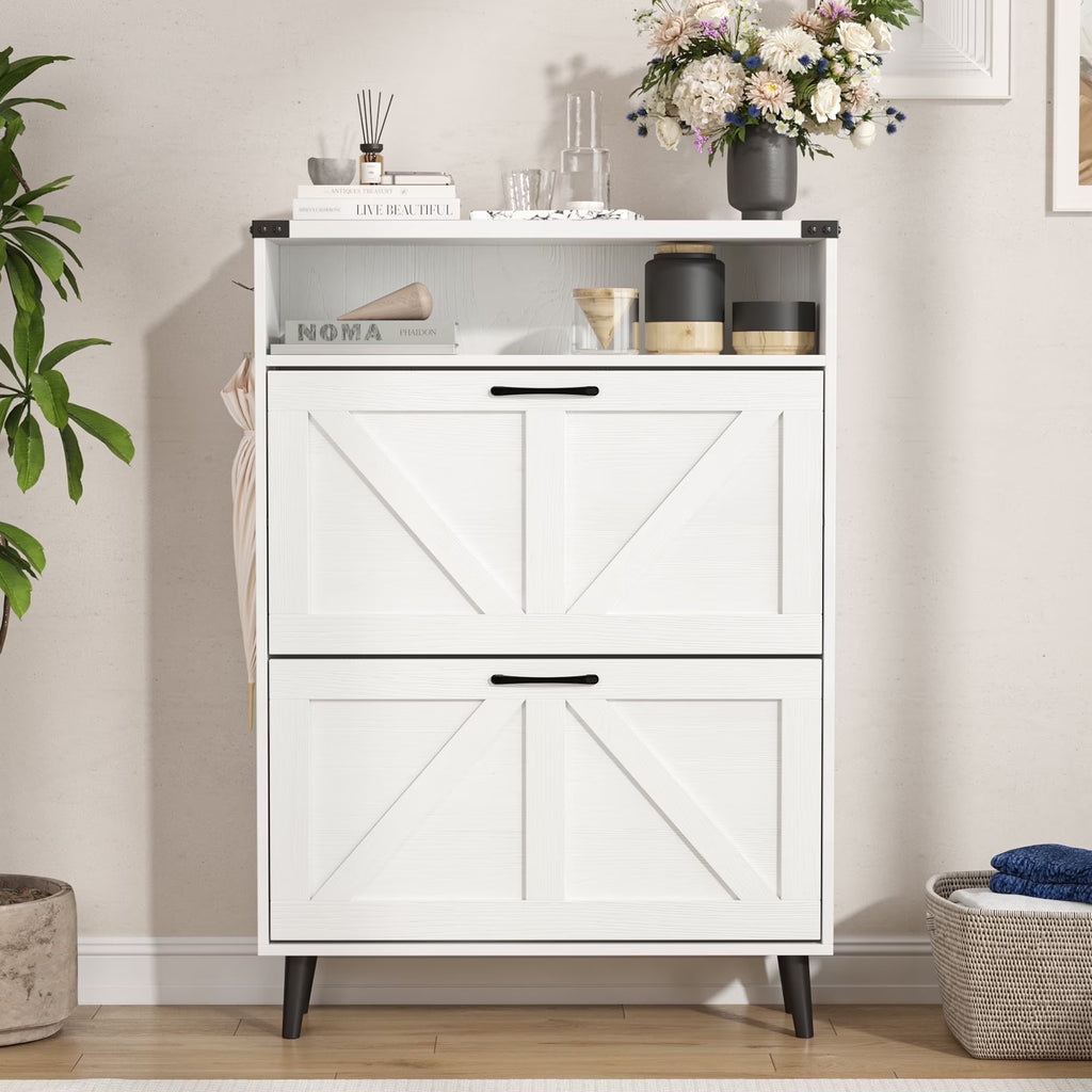 Veanerwood Shoe Cabinet with 2 Flip Drawers Farmhouse Shoe Storage Cabinet Organizer for Entryway, Gray