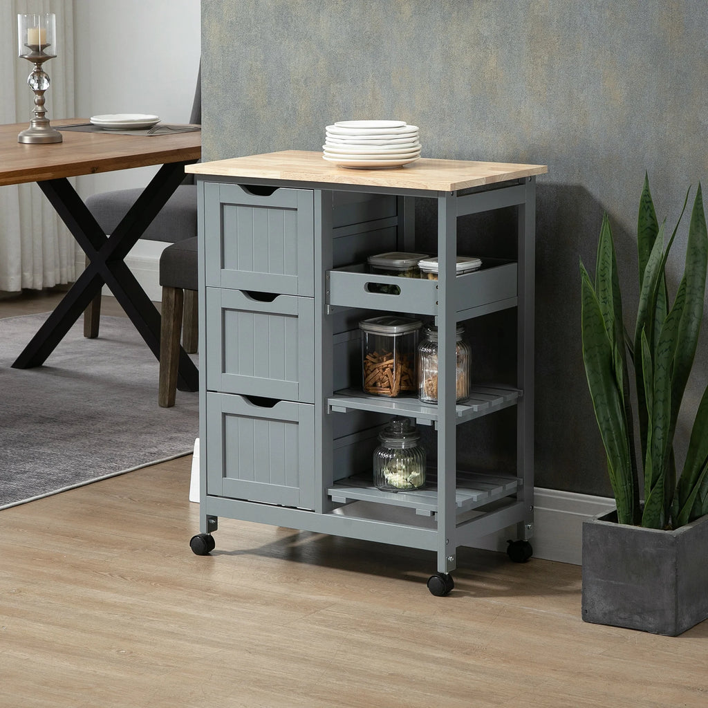 HOMCOM Rolling Kitchen Island Cart, Bar Serving Cart, Compact Trolley on Wheels with Wood Top, Shelves & Drawers for Home Dining Area, Grey