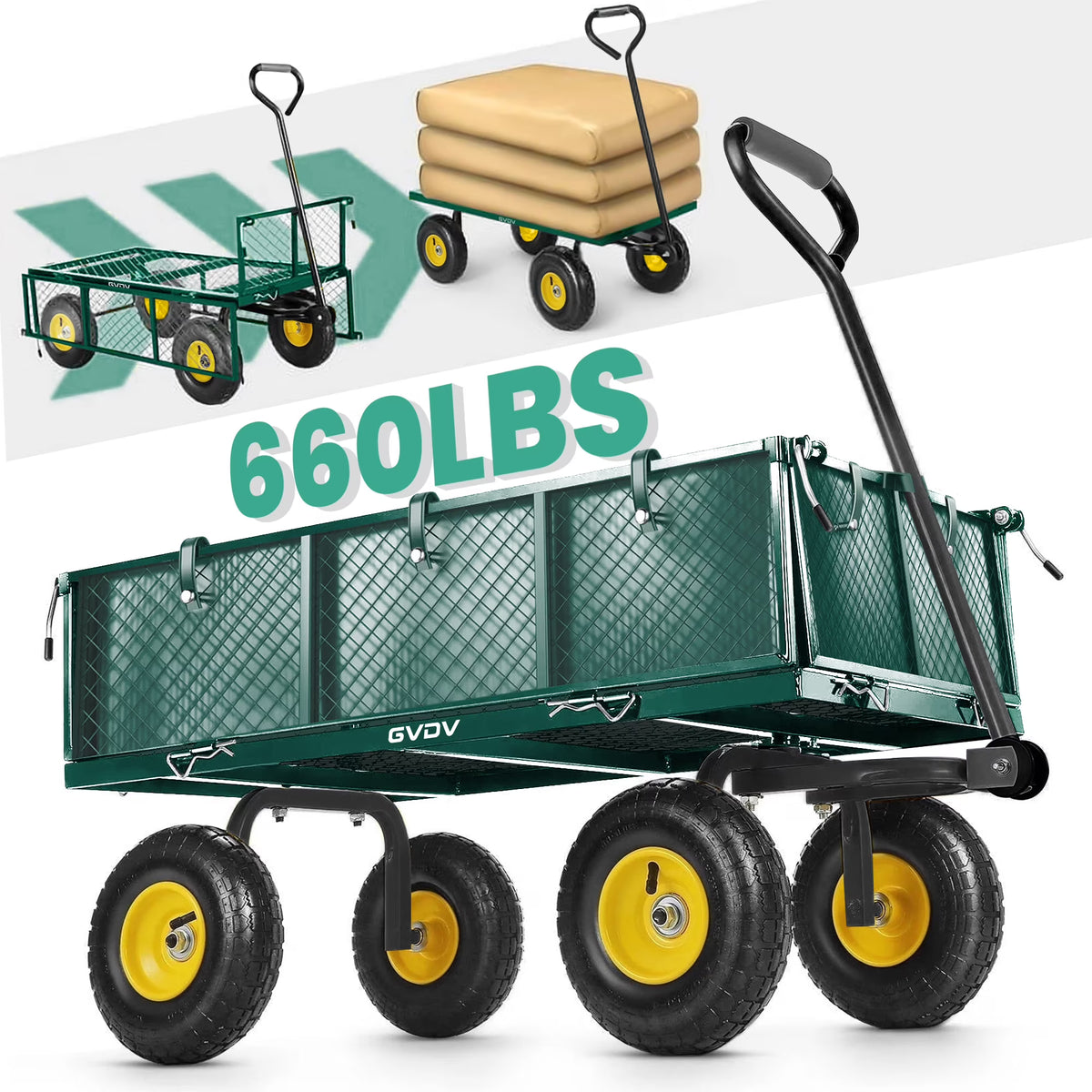 GVDV Heavy Duty Steel Garden Cart with Liner, 660lbs Capacity, 3 Cu ft, 10" All-Terrain Wheels, Black/Yellow Durable Utility Cart for Yard Work, Hauling, and Outdoor Use