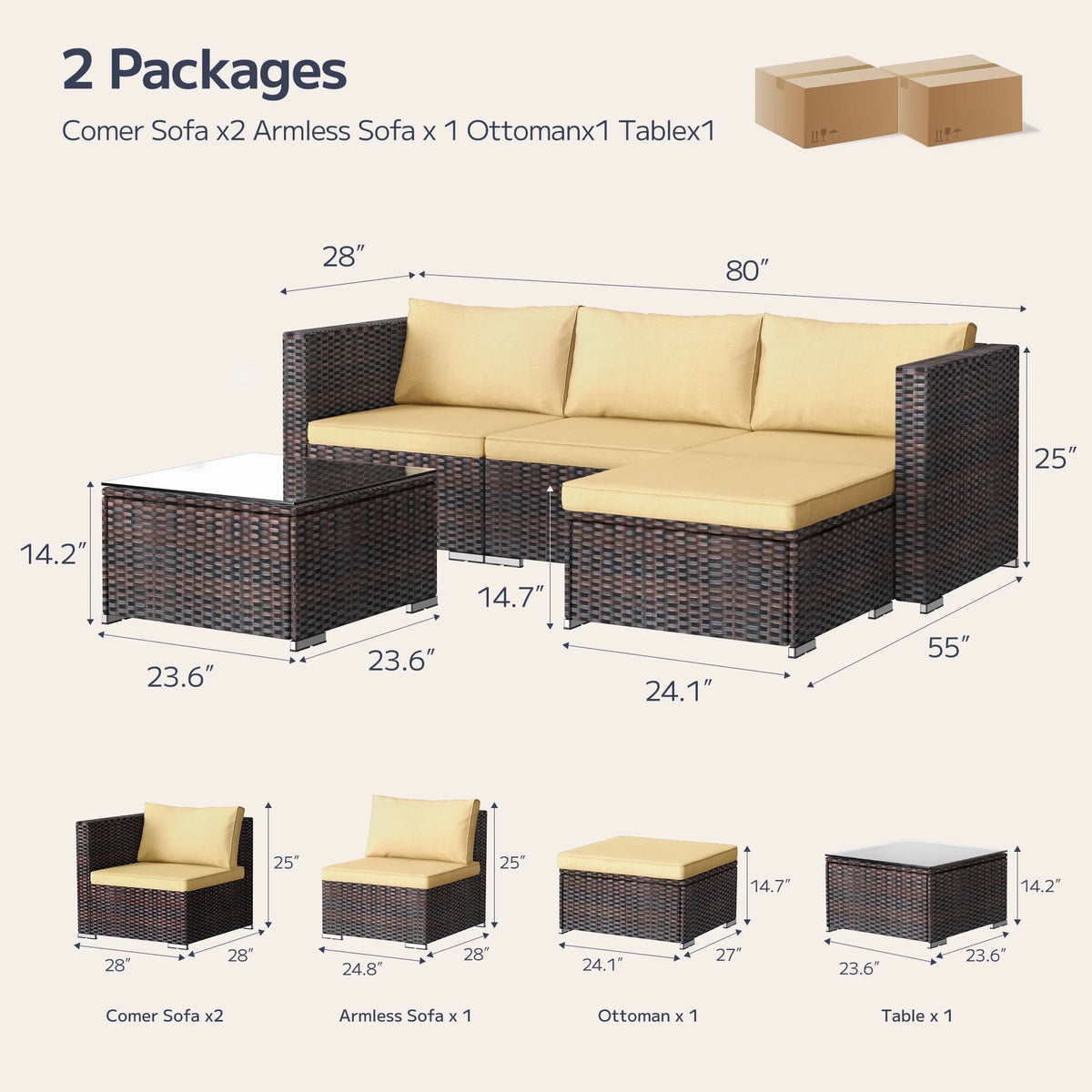 7 Piece Outdoor Patio Furniture Set, Asofer Rattan Wicker Outdoor Conversation Sectional Sofa Set, Gray