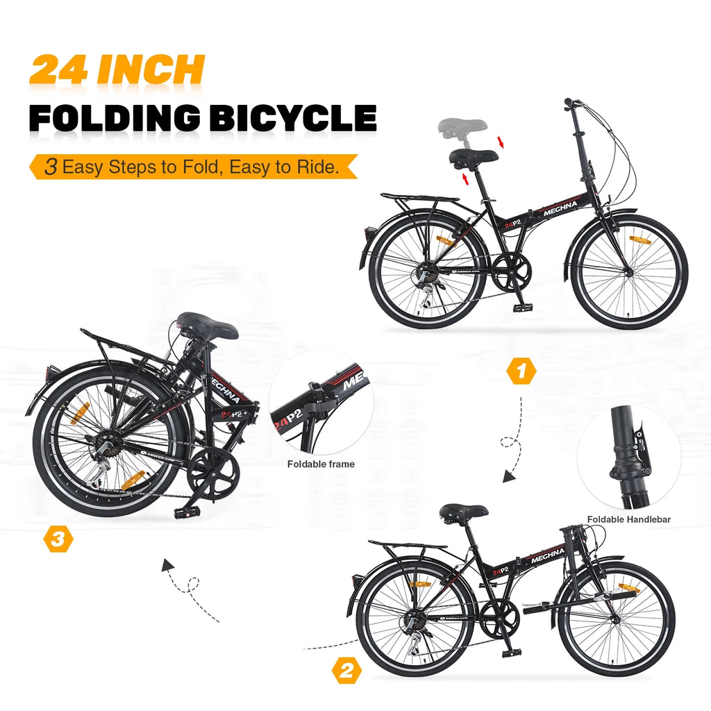 Meghna 24 inch Folding Bike 7 Speed V Brake City Commuter for Men Women Daily Commuting Black
