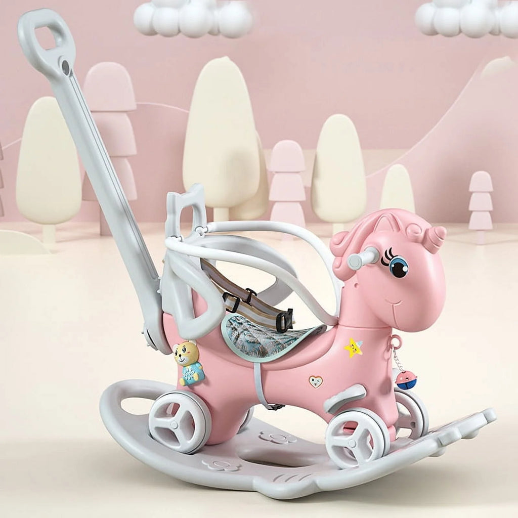 5 in 1 Rocking Horse for Toddlers, Balance Bike Ride On Toys with Push Handle, Backrest and Balance Board for Baby Girl and Boy 1-3 Years Old, Unicorn Kids Riding for Birthday Gifts (Pink)