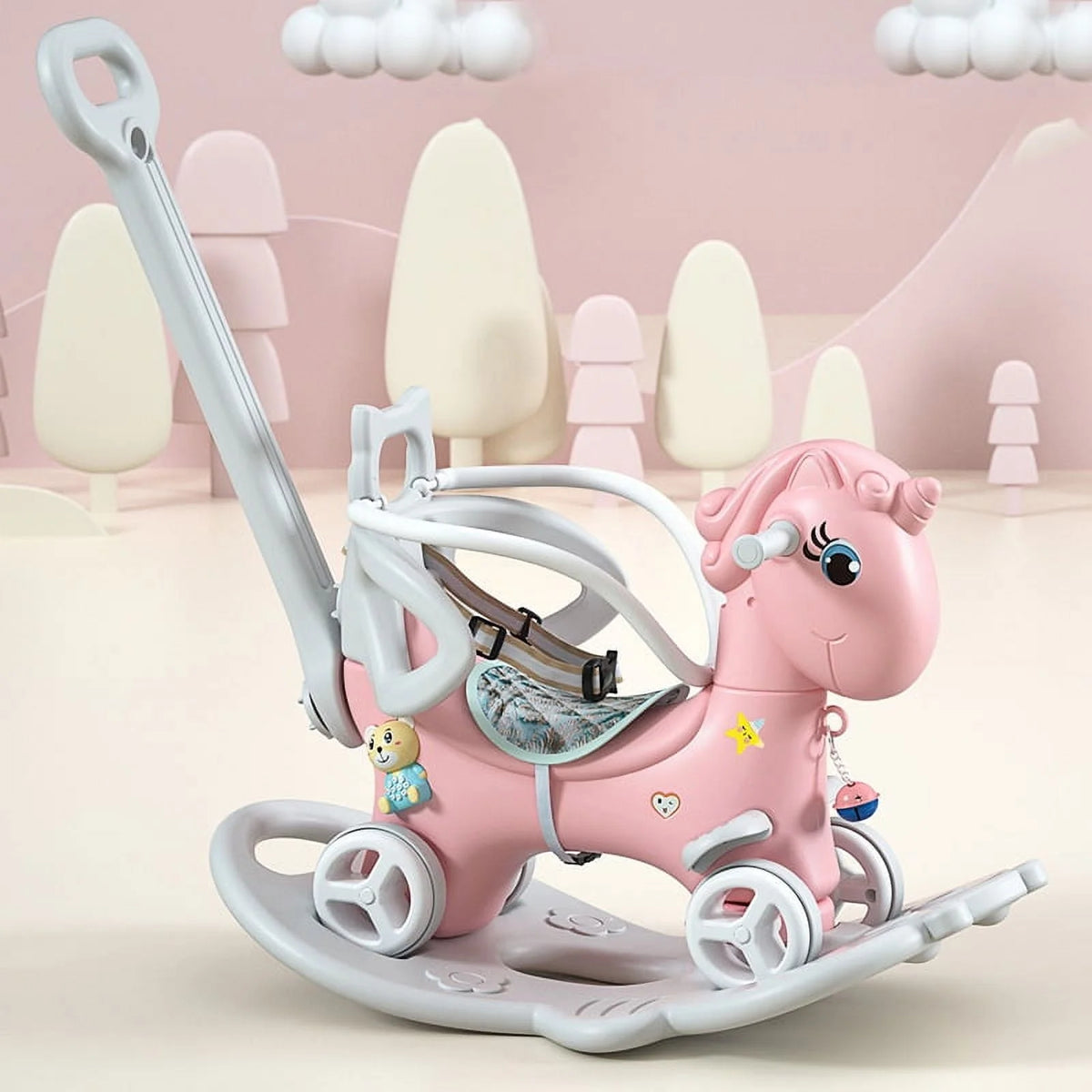 5 in 1 Rocking Horse for Toddlers, Balance Bike Ride On Toys with Push Handle, Backrest and Balance Board for Baby Girl and Boy 1-3 Years Old, Unicorn Kids Riding for Birthday Gifts (Pink)