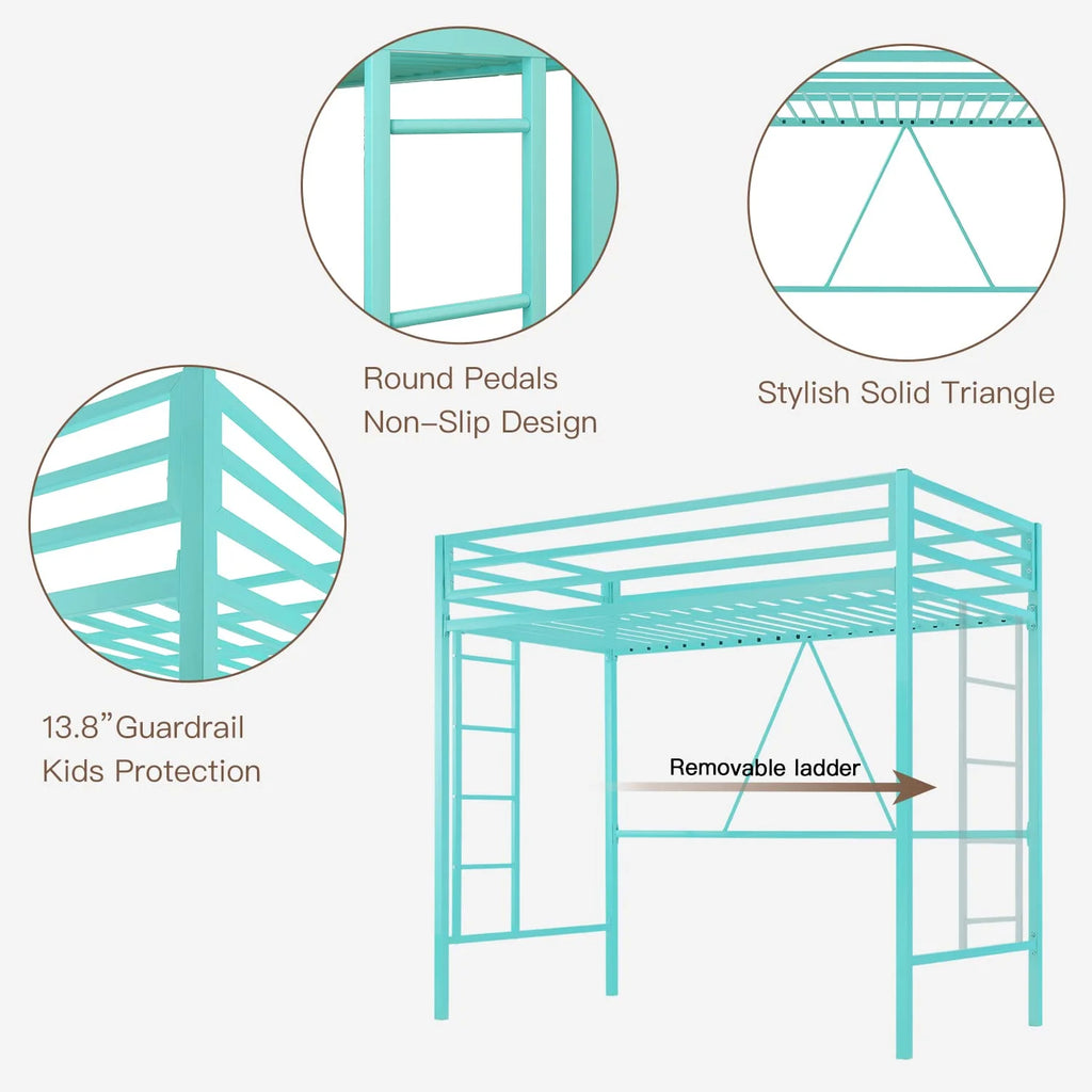 Einfach Metal Twin Size Loft Bed with Removable Ladder & Full-Length Guardrail, White