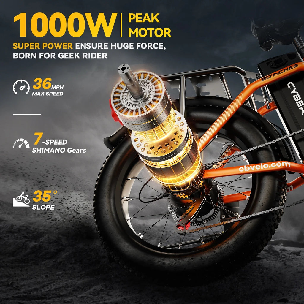 Cybervelo 1000W Folding Electric Bike, 48V 960WH Large Removable Battery E-Bike, 30+MPH, 80 Miles Max Range, 20" Fat Tire Electric Bike for Adults, Adult Electric Bicycles for Commute