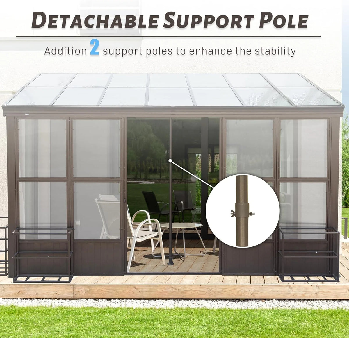 TOTAL Outdoor 10'x12' All-Season Sunroom Gazebo with Steel Roof, PVC Screen, Front & Side Door, Brown