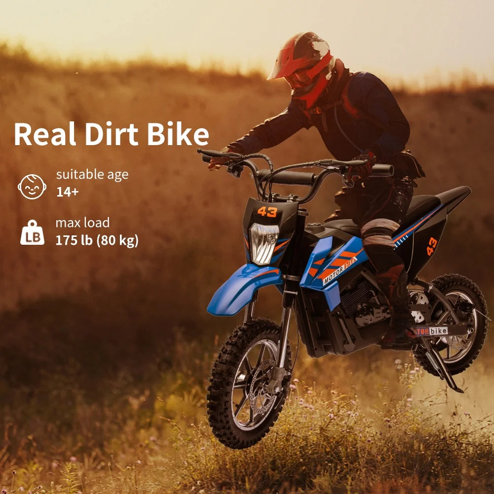 36V Electric Dirt Bike for Kids, Ride on Motorcycle 350W Brushless Motor Fast Speed 15.5MPH with LED Headlight, Leather Seat,Front+Back Brake for Teens Max Load 175lbs