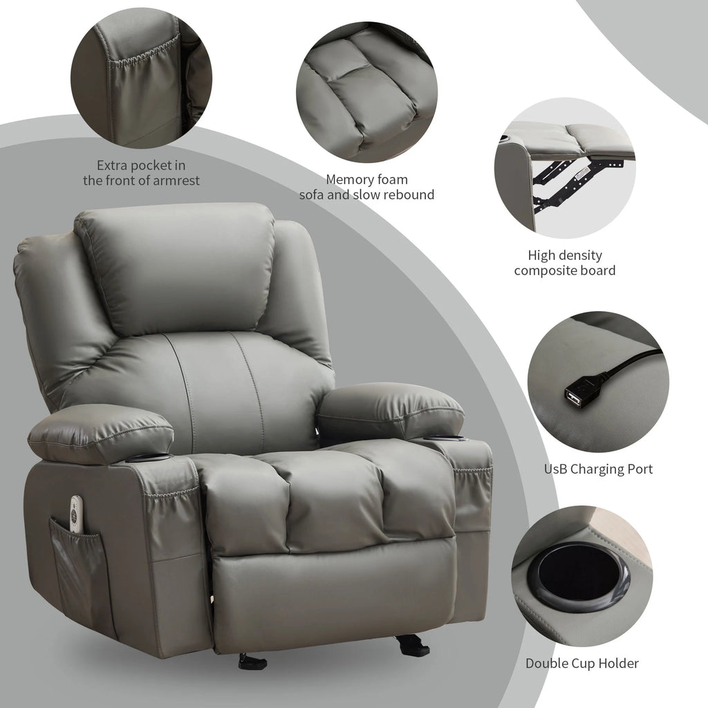 JONPONY Manual Recliner Chair with Heat Therapy and Massage Function, Heavy Duty Reclining Mechanism Massage Chair, Elderly Single Rocker Sofa with Cup Holders for Bedroom Home Theater,Black