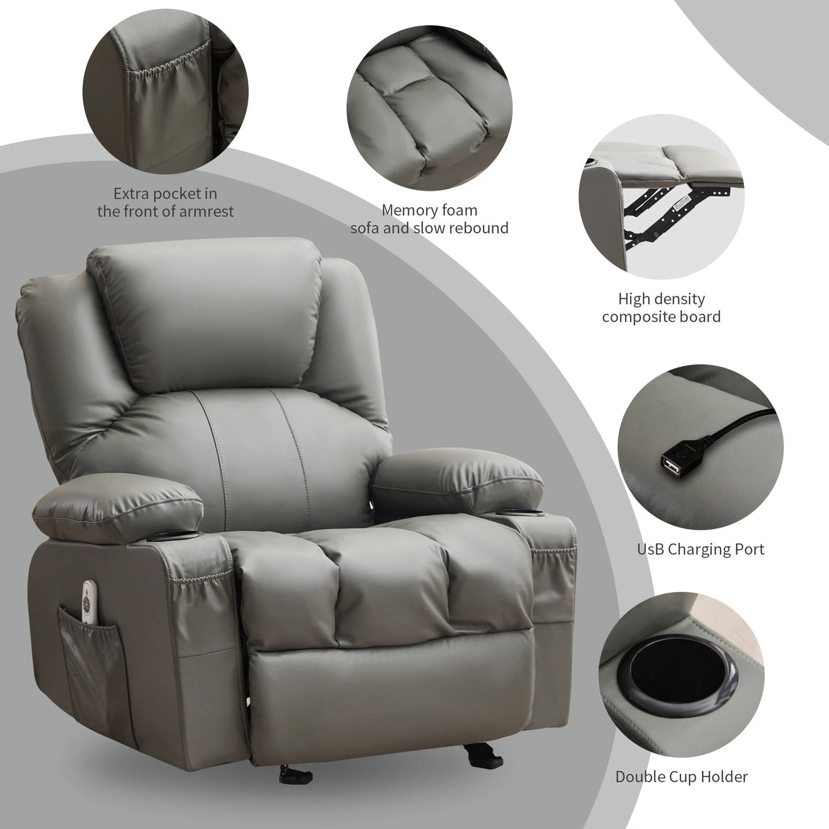 JONPONY Manual Recliner Chair with Heat Therapy and Massage Function, Heavy Duty Reclining Mechanism Massage Chair, Elderly Single Rocker Sofa with Cup Holders for Bedroom Home Theater,Black