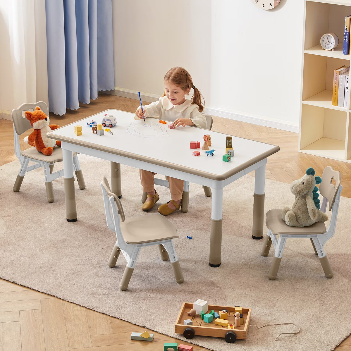 Toddler Table and Chairs Set for 4, 47.2''L x 23.6''W Kids Study Table and Chair Set, Height-Adjustable, Graffiti Desktop, Children Activity Table for Daycare, Classroom, Home
