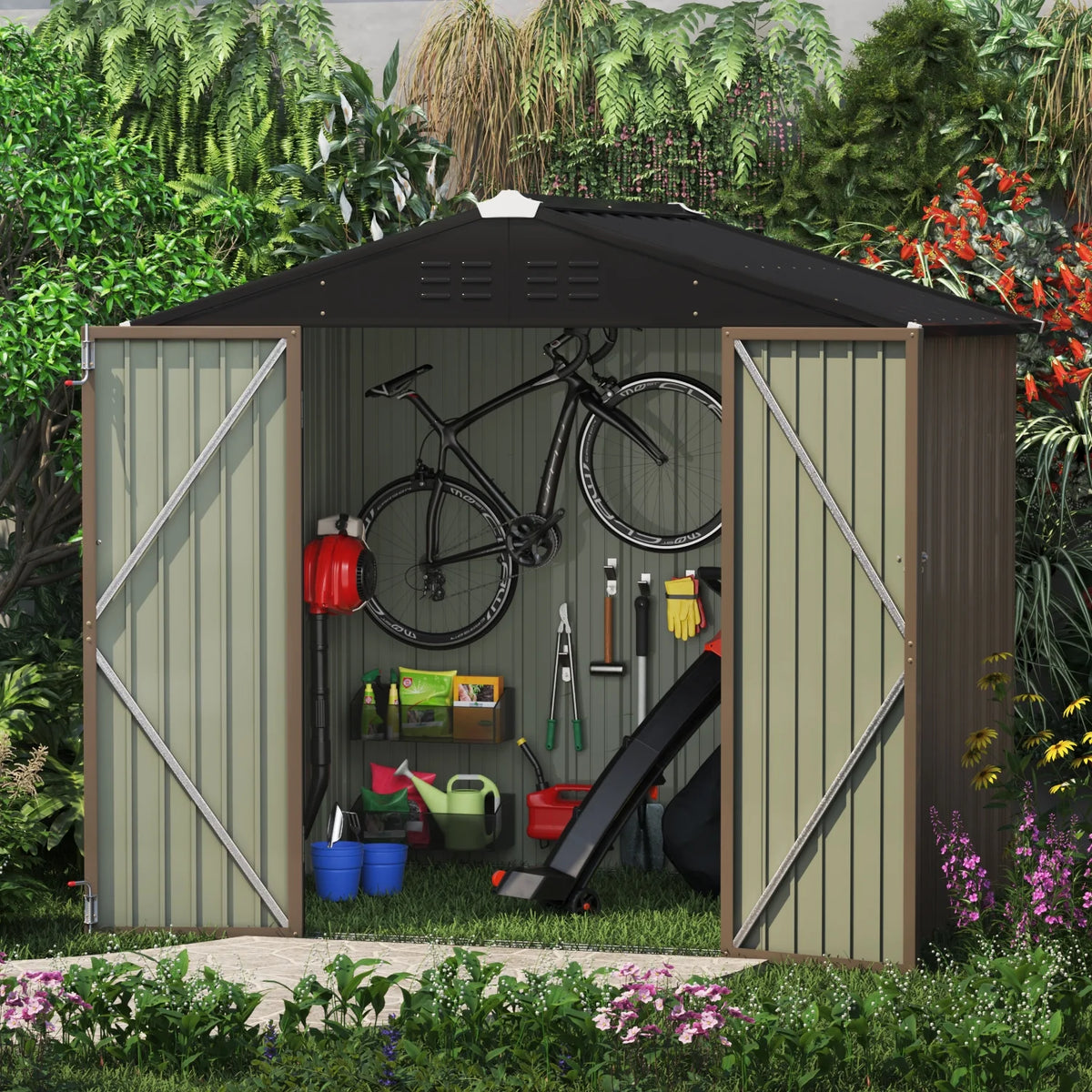 LACOO 4' x 6' Outdoor Storage Metal Shed for Tool Storage, Outdoor House for Backyard & Garden,Brown