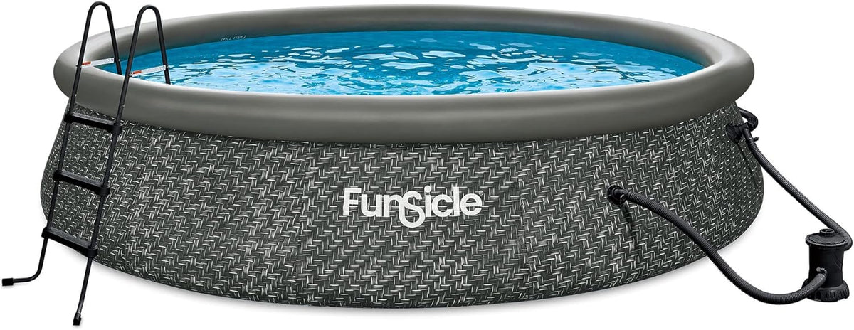 Funsicle 12 Foot by 36 Inch Quickset Round Inflatable Ring Top Outdoor Above Ground Swimming Pool Set with Pump and Cartridge Filter, Dark Herringbone