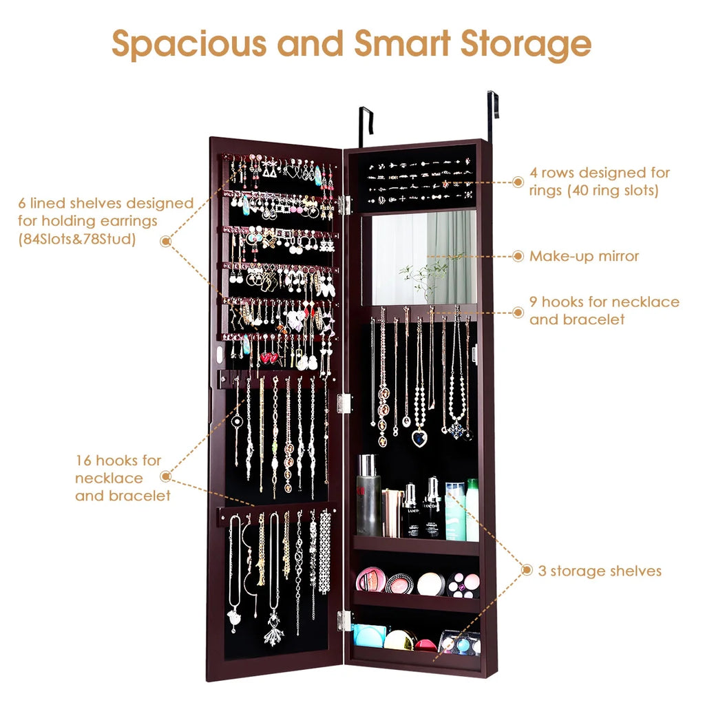 Costway Wall Door Mounted Mirrored Jewelry Cabinet Storage Organizer-Black
