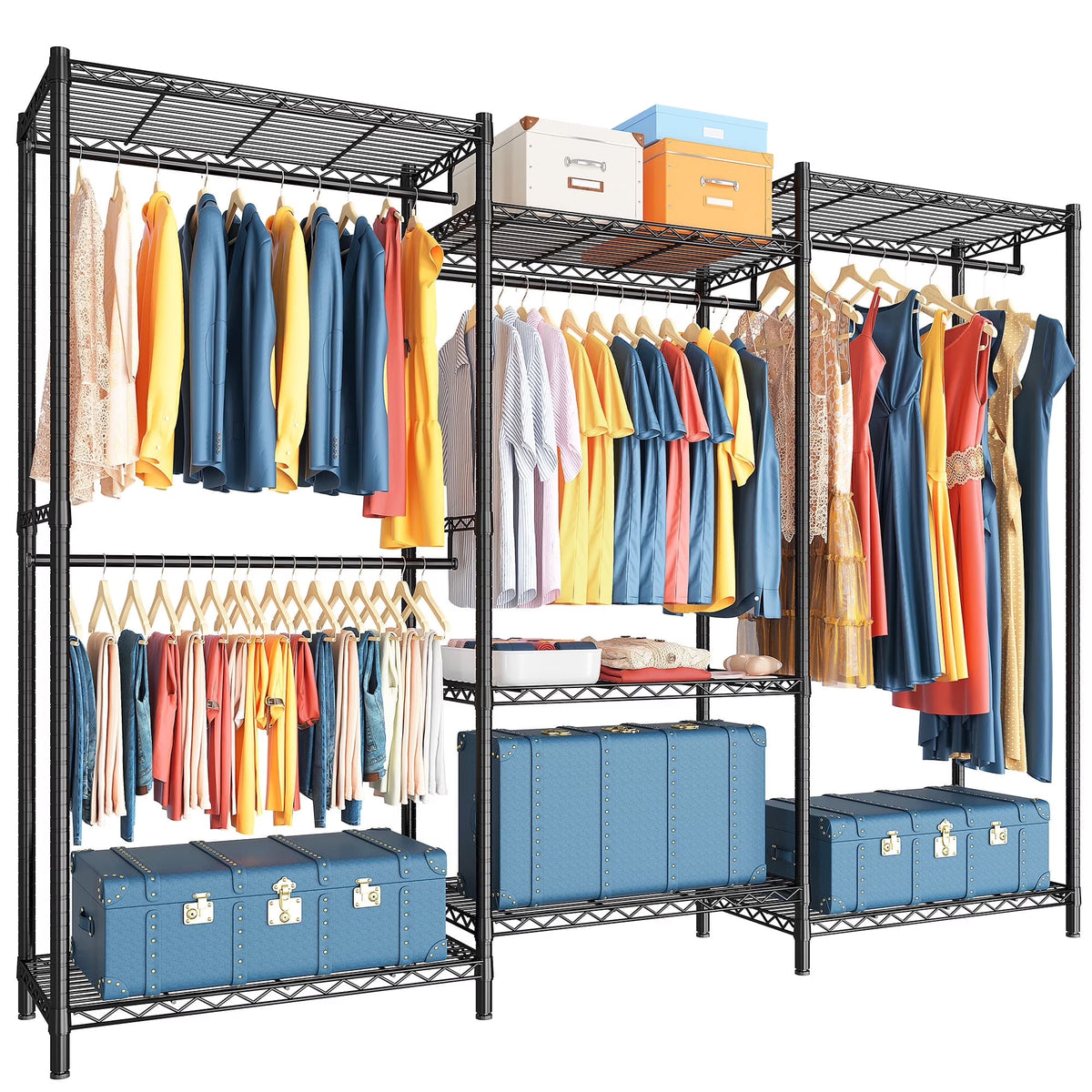 EnHomee 830 LBS Clothes Rack Heavy Duty Garment Rack with 4 Rods & 7 Shelves, Adjustable Metal Closet Organizer 77"H x 69"W x 16"D Black