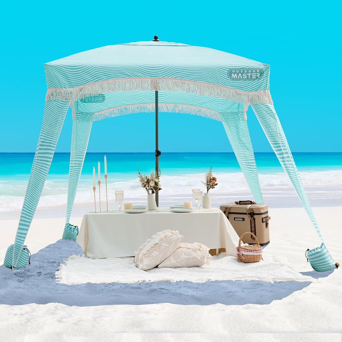 OutdoorMaster Beach Cabana with Fringe, Portable 6' x 6' Beach Canopy, Easy Set Up Beach Shelter, Included Side Wall, UPF 50+ UV Protection Sun Umbrella - for Kids, Family & Friends