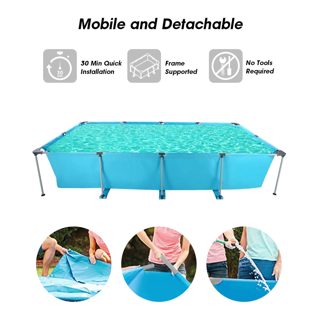 10FT Large Swimming Pool Framed Rectangle Above Ground Durable Easy to Assemble for Endless Water Play