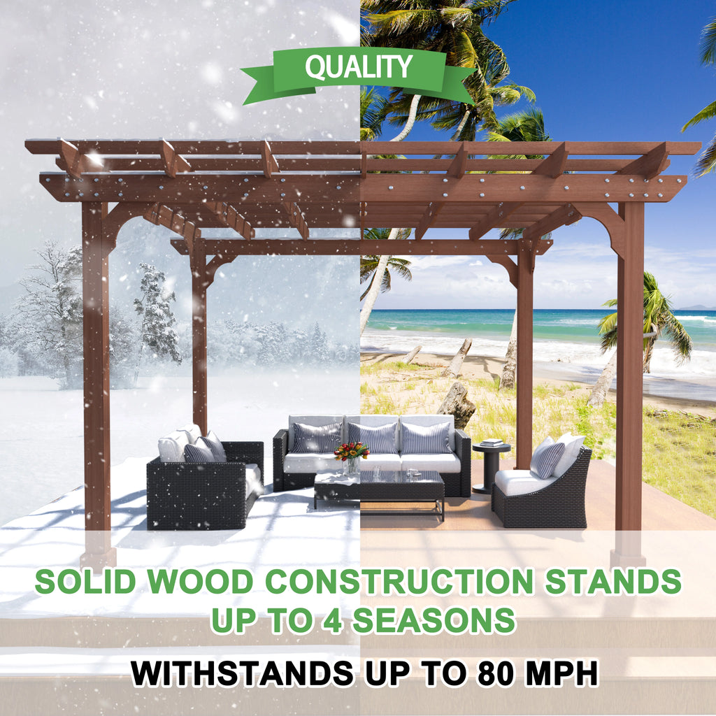 VEIKOUS 12'x10' Cedar Wood Pergola w/ Flat Roof and Ground Stakes for Outdoor Patio, Garden, Deck