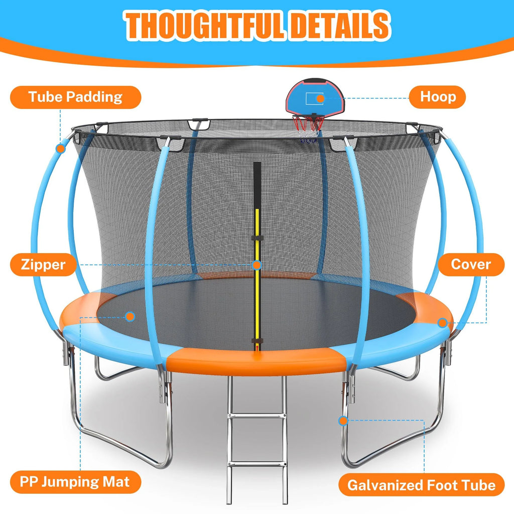 Trampoline Outdoor, 14FT Kids Trampoline with Enclosure Net and Ladder, Upgrade All-Weather Round Trampoline Curved Design with 5 Heavy-Duty Steel Legs
