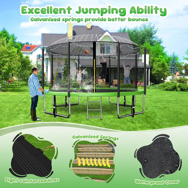 16FT Trampoline for 8-9 Kids Adults with Basketball Hoop, Enclosure, Light, Sprinkler, Socks, 2000LBS Outdoor Round Heavy Duty Recreational Backyard Trampoline