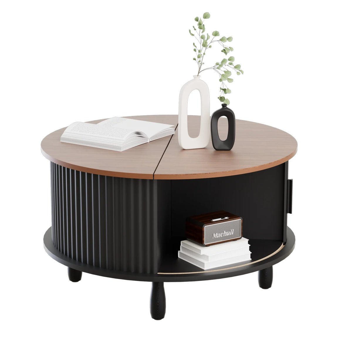 RUMLIVE Round Coffee Table with Storage, 30.7" Modern Coffee Table with 360 Curved Sliding Door, Fluted Wood Coffee Table with Footpads, Round Center Table for Living Room, Black