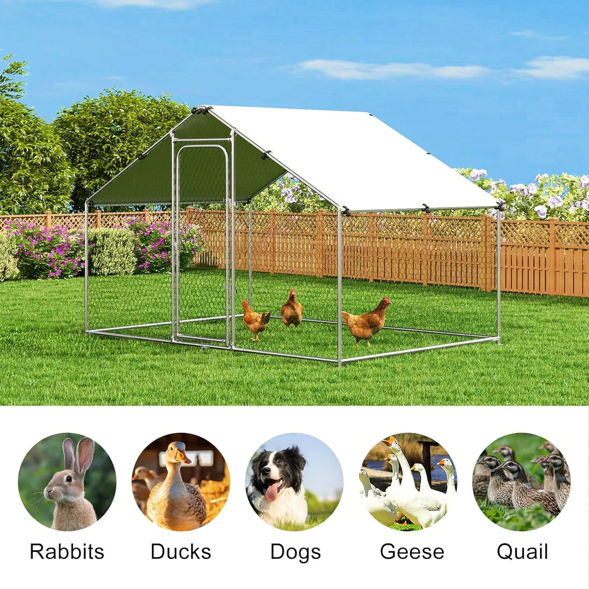 Large Metal Chicken Coop Walk-in Poultry Cage with Waterproof and UV-Resistant Cover Outdoor Chicken Run Hen Rabbit Duck House for Backyard Farm Use Spire Roof(10 W x 4.9 L x 6.4 H)