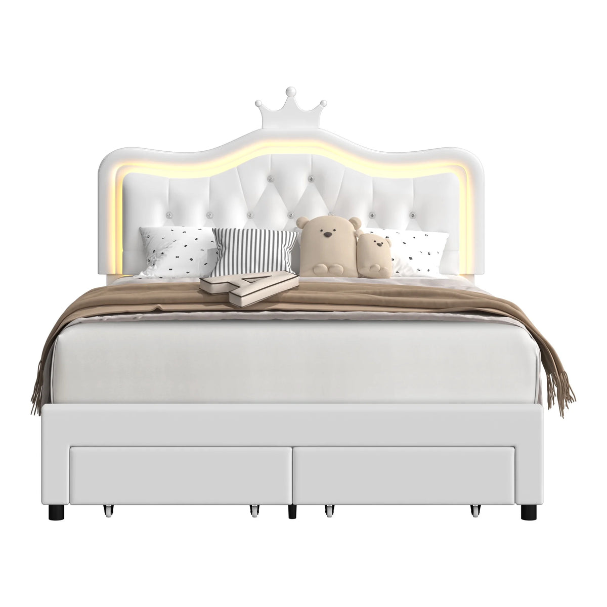 Homfa Full Size Bed, LED Upholstered Bed with Adjustable Crystal Button Tufted Crown Headboard, Soft PU Princess Platform Bed with Storage Drawers, Pink