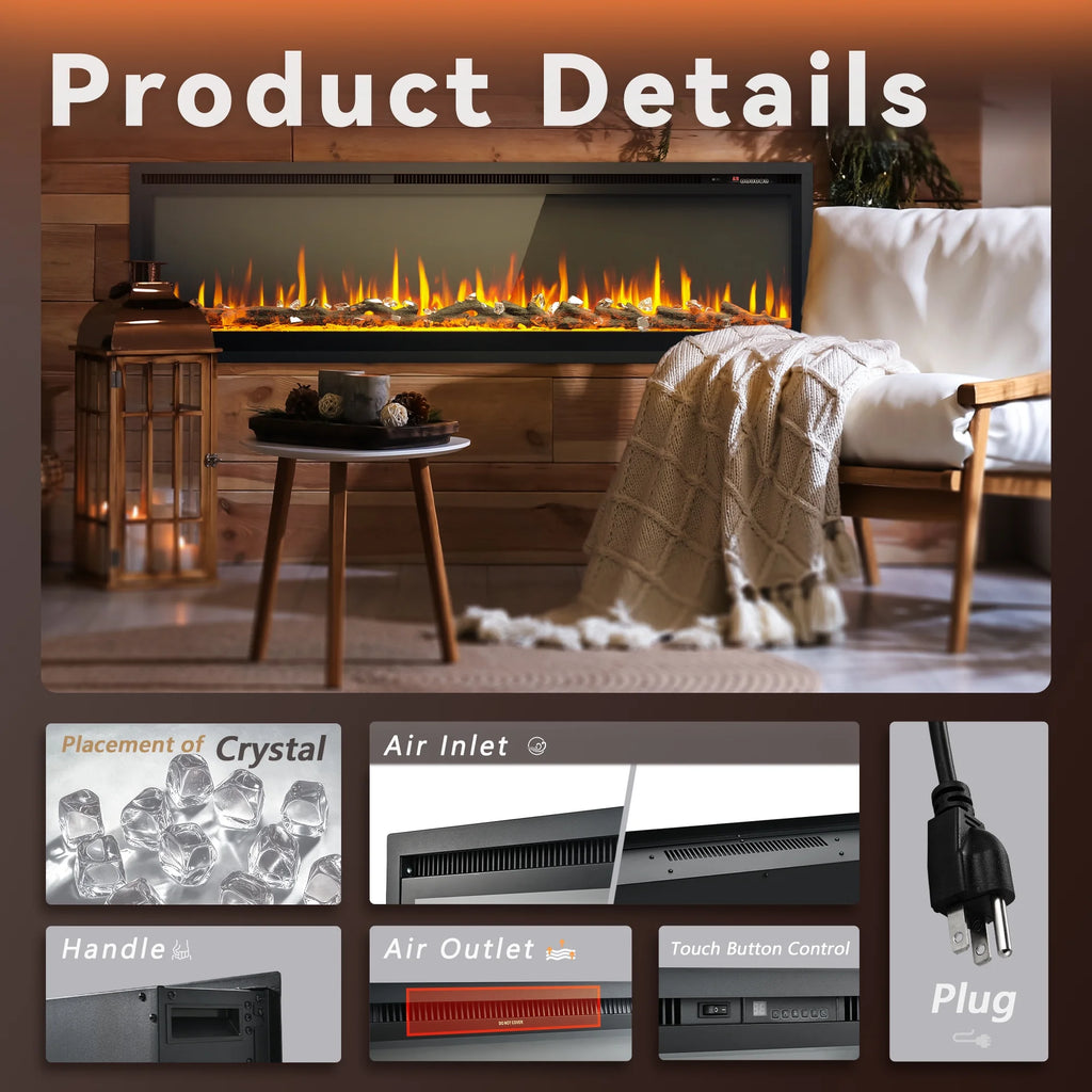 Simzlife 50 inch Indoor Electric Fireplace, Wall Mounted Recessed Freestanding Fireplace with Remote Control, Fireplace Heater with Adjustable Flame Color, Linear Fireplace with Timer