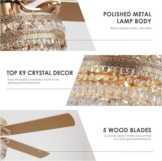 YIOSI 52" Crystal Ceiling Fan Fandelier with Remote Control, Modern Chrome Chandelier Ceiling Fan, Whisper-Quiet Motor, Reversible Blades, LED Lighting, Energy-Efficient, Elegant Living Room Fan