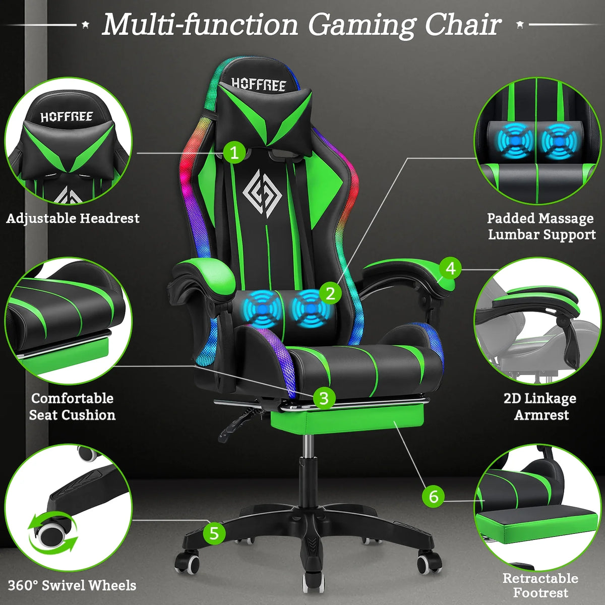 Hoffree Gaming Chair with Bluetooth Speakers and Footrest Massage Office Chair with LED Lights Ergonomic Game Chair High Back with Lumbar Support and Headrest Adjustable Swivel for Adults 300lb