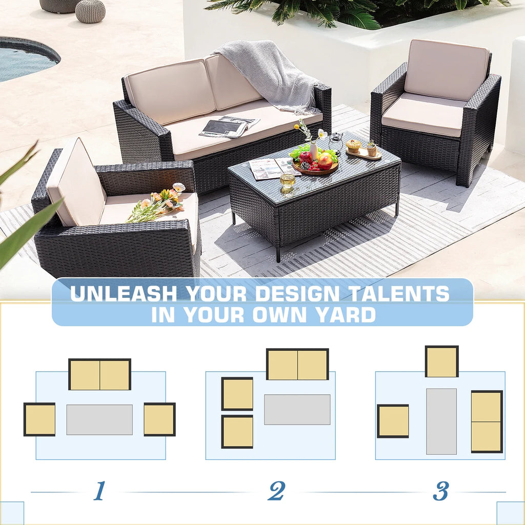Lacoo 4 Pieces Patio Furniture Sets Rattan Chair Wicker Conversation Sofa Set Outdoor Tble and Chairs for Backyard Porch Garden Poolside Balcony, White