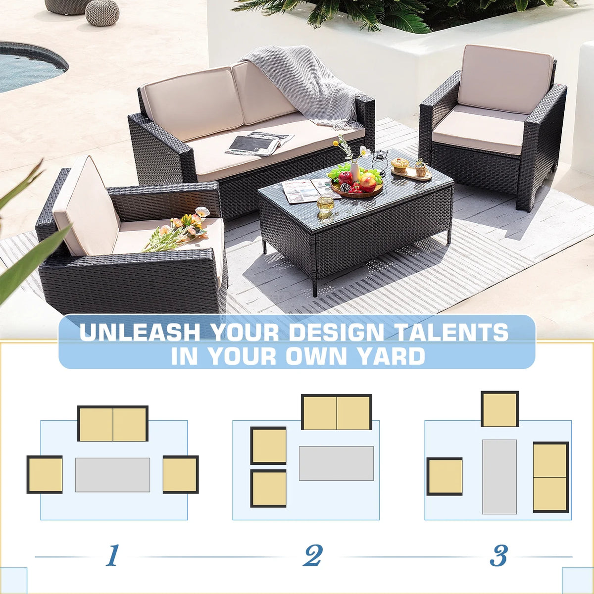 Lacoo 4 Pieces Patio Furniture Sets Rattan Chair Wicker Conversation Sofa Set Outdoor Tble and Chairs for Backyard Porch Garden Poolside Balcony, White