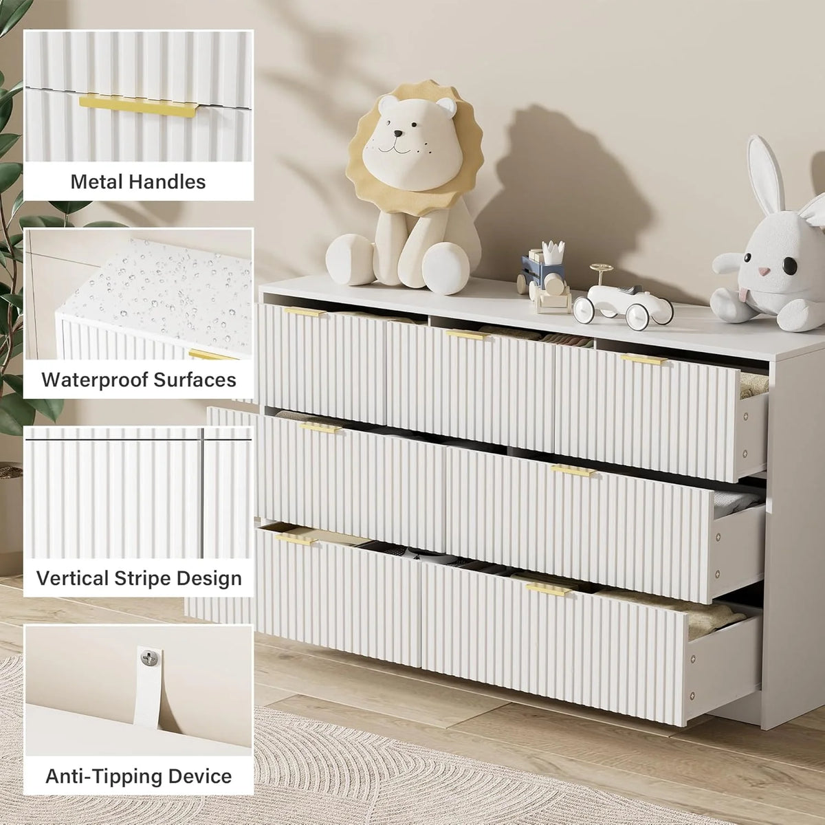 Furniway Black Dresser for Bedroom, 8 Drawer Double Dresser, Modern Chest of Drawers for Bedroom, Living Room, Entryway and Closet, 55" L x 15.7" D x 37.4" H