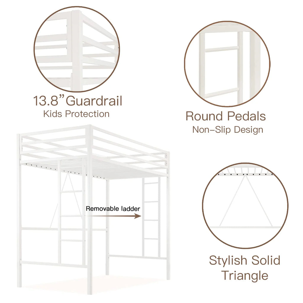 Einfach Metal Twin Size Loft Bed with Removable Ladder & Full-Length Guardrail, White