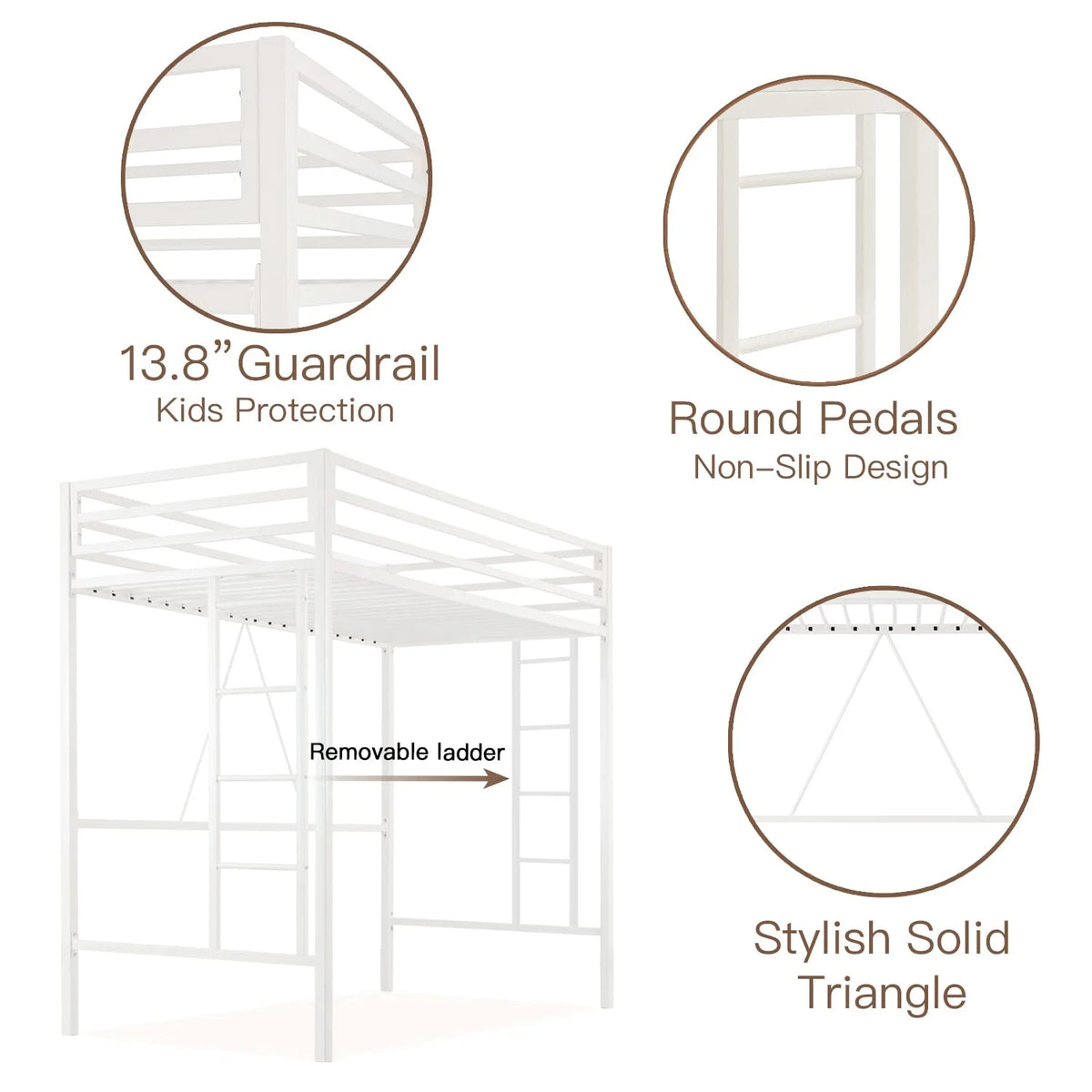 Einfach Metal Twin Size Loft Bed with Removable Ladder & Full-Length Guardrail, White