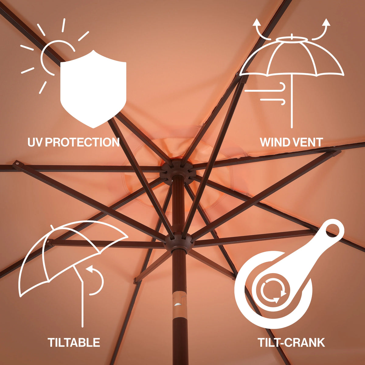 JONATHAN Y Tracy 9 ft. Market Patio Umbrella, Classic Mid-Century Scalloped Fringe, with Auto-Tilt Crank, Wind Vent and UV Protection, Coral Pink/White, Dark Brown Pole