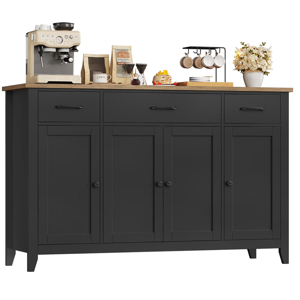 Hiphuta 55"Wide Buffet Cabinet with 2 Adjustable Shelves, Modern Farmhouse Coffee Bar with 3 Drawers and Sturdy Base for Living Room, White
