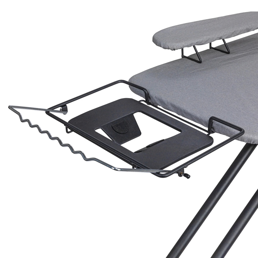 Household Essentials Wide Mega Ironing Board 4-Leg, Steel Top Pressing Station, Heat-Resistant Fiber Pad and Cotton Cover, Includes Sleeve Board and Iron Rest with Hanger Bar, Silver Frame