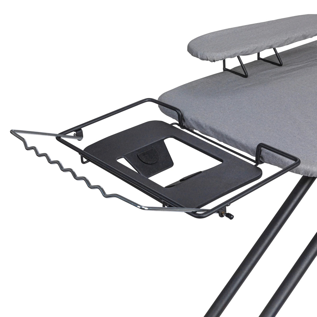 Household Essentials Wide Mega Ironing Board 4-Leg, Steel Top Pressing Station, Heat-Resistant Fiber Pad and Cotton Cover, Includes Sleeve Board and Iron Rest with Hanger Bar, Silver Frame