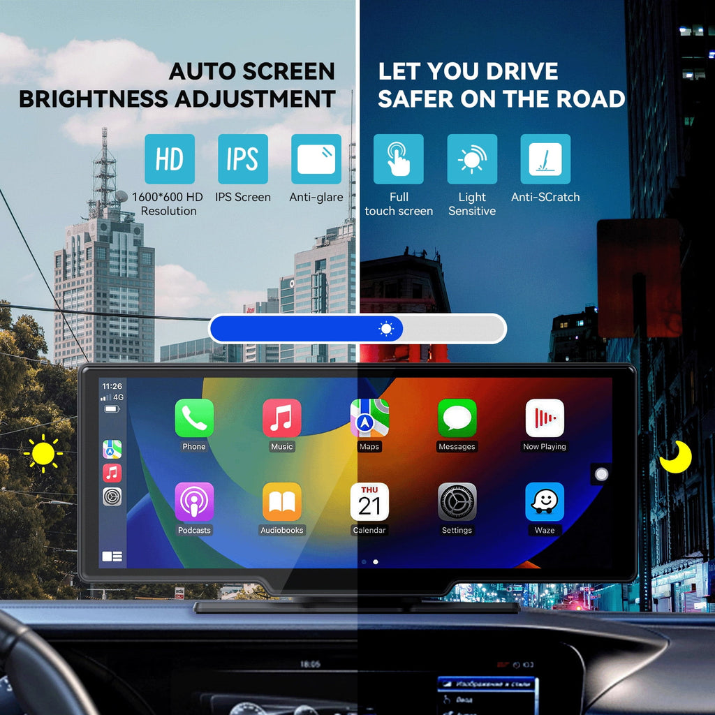 10.26 Wireless Apple Carplay Screen with Android Auto, 4K Dash Cam, Backup Camera, Bluetooth, GPS, Voice Control