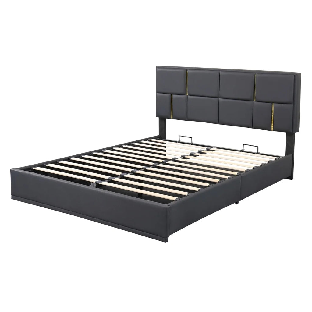 2-Pieces Bedroom Sets, Queen Size Upholstered Platform Bed with Hydraulic Storage System,Storage Ottoman with Metal Legs, 2 Piece Wood Bedroom Furniture Set, Beige