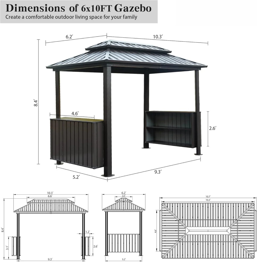 6x10 FT Shade Grill Gazebo, Outdoor BBQ Gazebo with Double Galvanized Steel Roof, Patio Grill Canopy with 2 Cabinets and Ceiling Hooks for Backyard, Lawn, Garden, Backyard, Brown